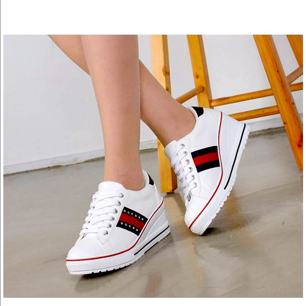 Women's Studs Lace Up Mid Heels Wedges Sneakers